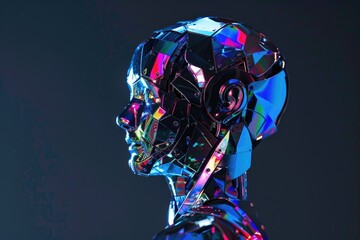Poster - Colorful robot statue with glowing head, standing tall in a city square, A shimmering robot with iridescent panels that change color with each movement, AI generated