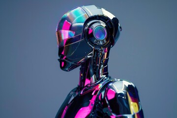 Poster - Colorful robot statue with glowing head, standing tall in a city square, A shimmering robot with iridescent panels that change color with each movement, AI generated