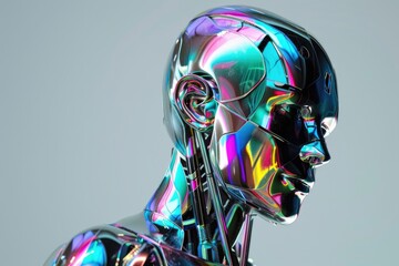 Poster - Colorful robot statue with glowing head, standing tall in a city square, A shimmering robot with iridescent panels that change color with each movement, AI generated