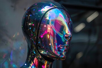 Aufkleber - Vibrant robot sculpture with illuminated head, adding a futuristic touch, A shimmering robot with iridescent panels that change color with each movement, AI generated