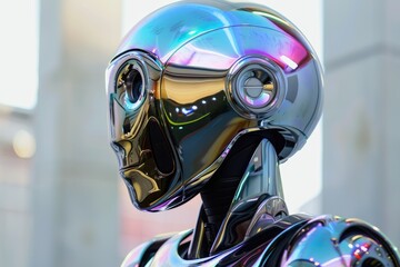 Aufkleber - Vibrant robot sculpture with illuminated head, adding a futuristic touch, A shimmering robot with iridescent panels that change color with each movement, AI generated