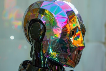 Aufkleber - Vibrant robot sculpture with illuminated head, adding a futuristic touch, A shimmering robot with iridescent panels that change color with each movement, AI generated