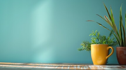 Sticker - A Yellow Cup and a Plant on a Wooden Table Against a Turquoise Wall