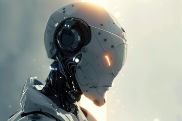 Poster - An android with illuminated eyes and a red glowing light, A sleek, futuristic robot emitting a soft, ethereal glow, AI generated