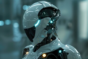 Poster - A mechanical robot with glowing eyes and a radiant red light, A sleek, futuristic robot emitting a soft, ethereal glow, AI generated