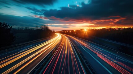 Wall Mural - Highway at Sunset with Light Trails