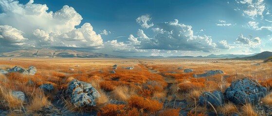 Wall Mural - golden meadow beneath a sky of dreamy clouds