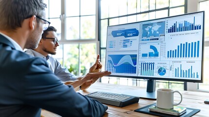 Poster - Businessman is Analyzing Financial Analysis Data Presentation on Computer Screen for Financial Development Management Concept or Business Marketing Report. AI generated
