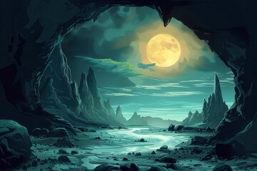 Mystical moonlit cavern landscape with glowing river and distant mountains