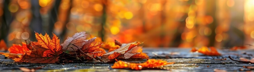 Wall Mural - Autumn Leaves on Wooden Surface