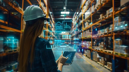 Poster - Woman Worker Using Augmented Reality Application On Tablet to Concept Analyze Digital Product Delivery Infographic in Distribution Center.
