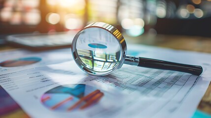 Poster - Magnifying glass with financial analysis data presentation diagram document and sunlight background for business financial report insight management strategy planning concept.