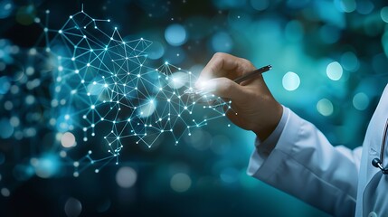 Poster - doctor using forefinger hand drawing healthcare digital network dots structure for futuristic medici