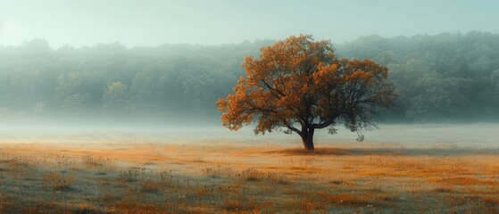 Wall Mural - solitary tree in a mist-shrouded meadow