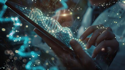 Poster - Doctor Scientist Using Tablet Smart Phone with Genetic Exploration Intricate Details of Digital DNA Strands for Science Fabrication Technology Concept or Health Medical Purposes. AI generated