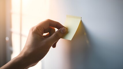 A hand placing a sticky note on a white background