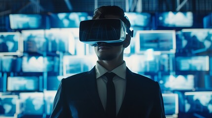 Poster - Businessman Wearing VR Virtual Reality Headset with Modern Virtual Screen wall Background for Futuristic Metaverse Advanced Discovery Technology Concept. AI generated