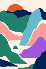 Fototapete - Abstract landscape poster, card design. Modern nature background, sunset. Wall art in trendy contemporary style. Minimalist evening scenery, sun, mountain and sea. Flat graphic vector illustration