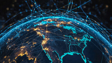 Poster - A digitally rendered globe with bright, interconnected points and lines symbolizing global communication and data networks
