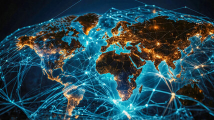 Poster -  A world map with illuminated nodes and connecting lines, highlighting a global network of connectivity and communication