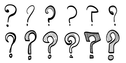 Poster - Set of hand drawn question marks. doodle questions marks. isolated on black and white. vector illustration