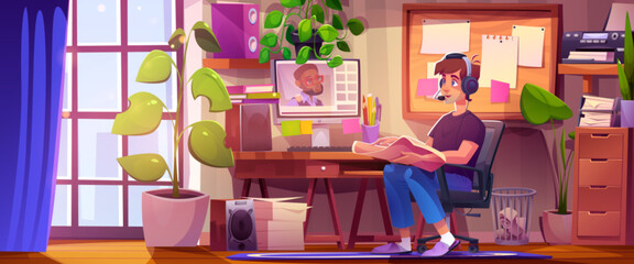 Remote work from home on computer desk in flat. Freelance office interior for man. Professional employee workplace with plant, table and chair. Young busy developer or blogger person in room