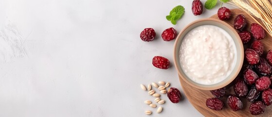  A wooden plate holds a white backdrop for a bowl of yogurt topped with raspberries and oatmeal