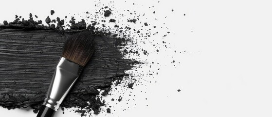 Poster -  A tight shot of a brush hovering above black paint on a white palette against a clean white backdrop