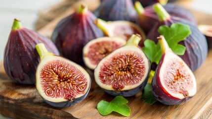 Wall Mural - Ripe figs on a cutting board in a close up shot