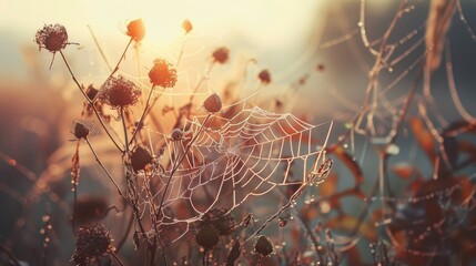 Wall Mural - Vintage retro dawn image of autumn with dried plant and spiderweb