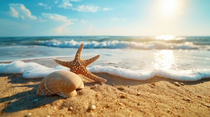 Wall Mural - Starfish and shell on sandy beach with sea waves in sunlight