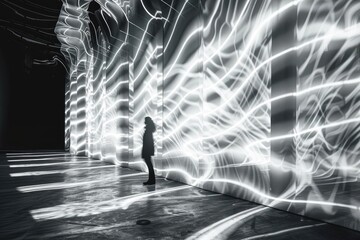 Poster - A man standing in front of a wall with colorful lights, creating a vibrant and dynamic backdrop, Dynamic patterns of light weaving through the scene, AI generated