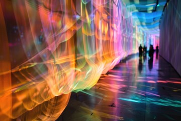 Poster - Vibrant lights illuminate a man standing in front of a colorful wall, adding a lively touch to the scene, Dynamic patterns of light weaving through the scene, AI generated
