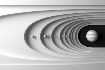 Wall Mural - Minimalist black and white space scene with planets and orbits creating a visually sophisticated and modern design