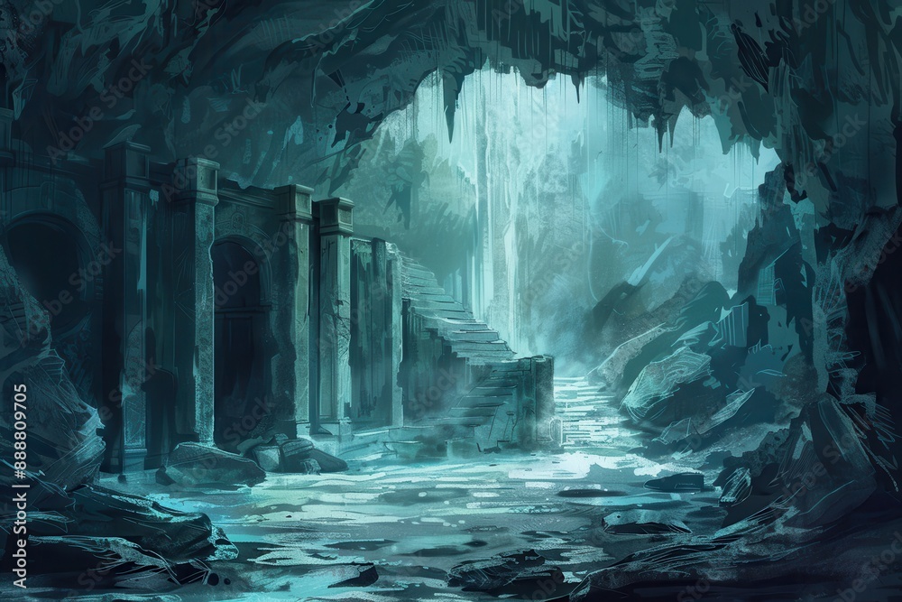 Ancient temple ruins in a mysterious underground cavern with glowing ...