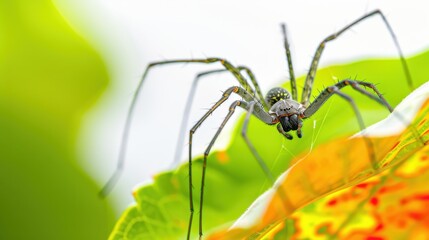 Macro picture of a spider with a web with large eyes and paws.