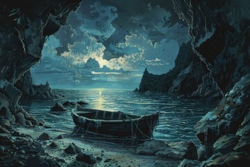 Moonlit Seascape with Boat and Rocky Cliffs