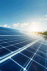 solar panels farm in a field. renewable green energy. sunny landscape, electric energy generator for