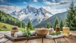 © Wanlop - Serene alpine spa scene featuring detox packaging, lush greenery, and wooden accents amidst a tranquil, snow-capped mountainous backdrop atmosphere.