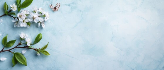  A tree branch with white blooms and verdant leaves against a blue backdrop, home to a fluttering butterfly