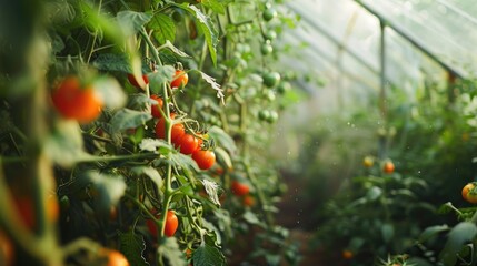 Wall Mural - Tomato and pepper plants flowering in a green enclosed structure