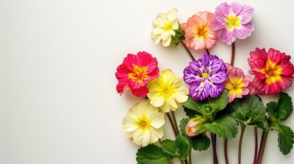 Primula flowers blooming in spring on white background with space for text