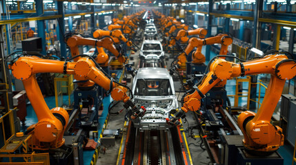 Wall Mural - A manufacturing plant interior, with robotic arms and workers assembling automotive parts on a production line