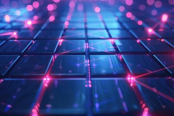 Fototapete - Vivid blue and pink background with glowing lights, Glowing geometric grid, AI generated