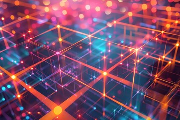 Fototapete - Bright blue and pink backdrop illuminated by lights., Glowing geometric grid, AI generated