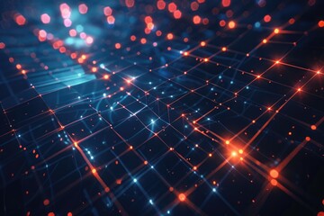 Poster - Bright blue and pink backdrop illuminated by lights., Glowing geometric grid, AI generated
