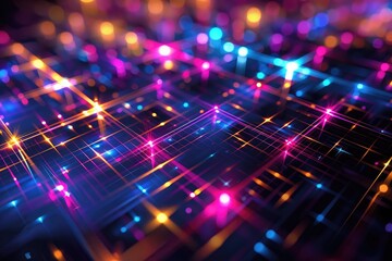 Fototapete - Luminous blue and pink lights on a glowing background, Glowing geometric grid, AI generated