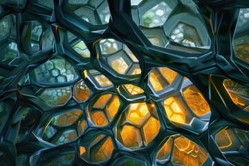 Fototapete - Close-up of honeycomb engulfed in orange flames, Glowing geometric grid, AI generated