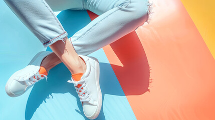 Wall Mural - Female legs in light jeans and bright sneakers sit elegantly on a rainbow-colored surface. A minimalistic and fashionable concept for sportswear advertising