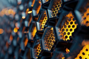 Wall Mural - Detailed view of honeycomb surrounded by fiery orange flames, Glowing geometric grid, AI generated